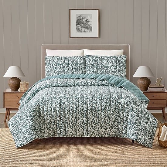 Laurel & Mayfair Floral Vine Block Print 3-pc. Floral Quilt Set