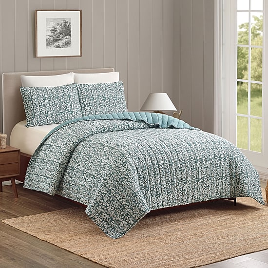 Laurel & Mayfair Floral Vine Block Print 3-pc. Floral Quilt Set