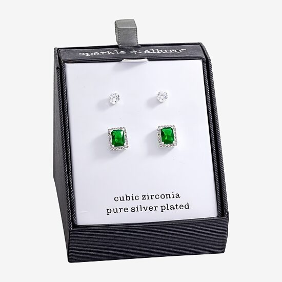 Sparkle Allure Womens Green Crystal 2 Pair Earring Set