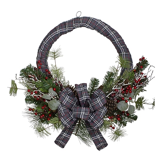 Northlight Gray And Red Plaid Artificial With Red Berries 24-Inch Unlit Wreath