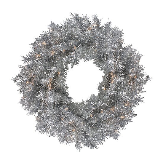 Northlight 24" Silver Tinsel Artificial Clear Lights Pre-Lit Wreath