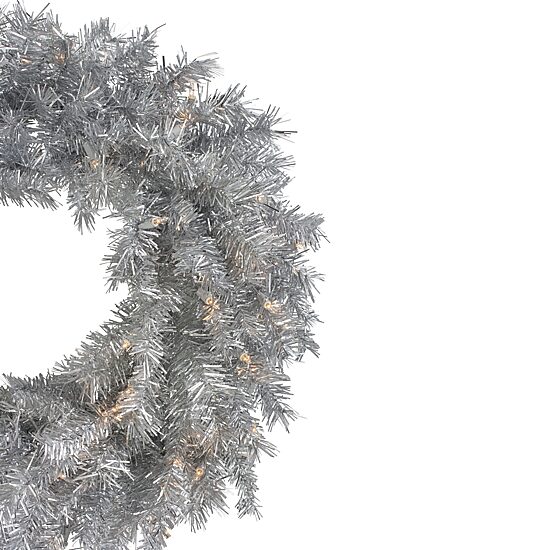 Northlight 24" Silver Tinsel Artificial Clear Lights Pre-Lit Wreath
