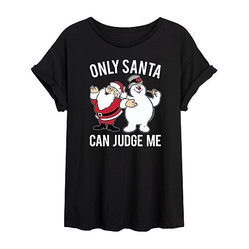 Only Santa Can Judge Tee Womens Crew Neck Short Sleeve Regular Fit Frosty the Snowman Graphic T-Shirt, X-large, Black