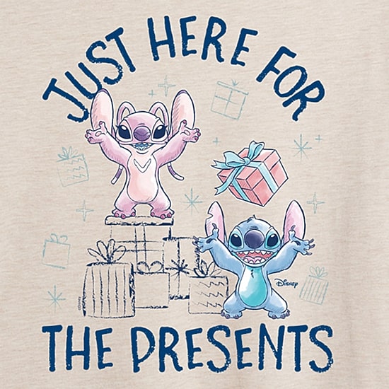 Stitch Just Here For The Presents Womens Crew Neck Short Sleeve Regular Fit Graphic T-Shirt