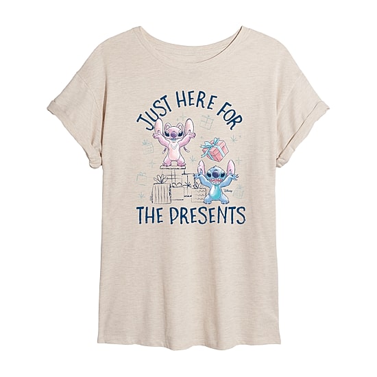 Stitch Just Here For The Presents Womens Crew Neck Short Sleeve Regular Fit Graphic T-Shirt