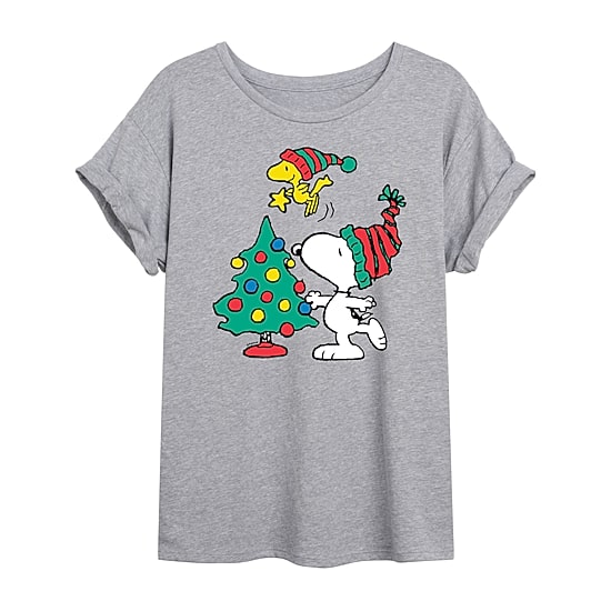 Peanuts And Woostock Tree Tee Womens Crew Neck Short Sleeve Relaxed Fit Snoopy Graphic T-Shirt