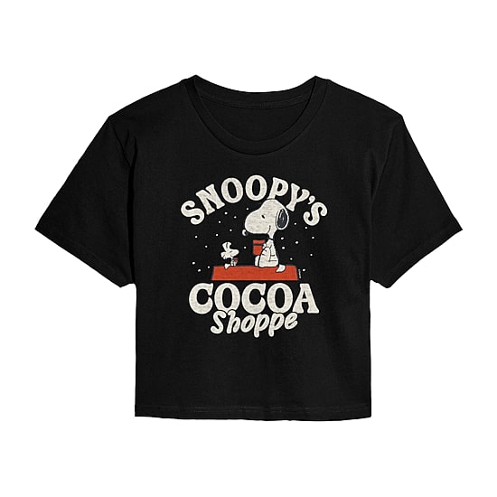 Peanuts Cocoa Shoppe Cropped Tee Womens Juniors Crew Neck Short Sleeve Regular Fit Snoopy Graphic T-Shirt