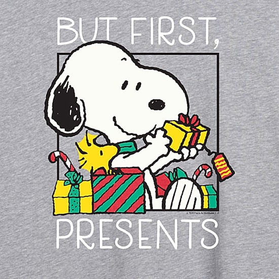 Peanuts But First Presents Tee Womens Crew Neck Short Sleeve Relaxed Fit Snoopy Graphic T-Shirt