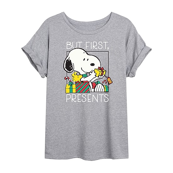 Peanuts But First Presents Tee Womens Crew Neck Short Sleeve Relaxed Fit Snoopy Graphic T-Shirt