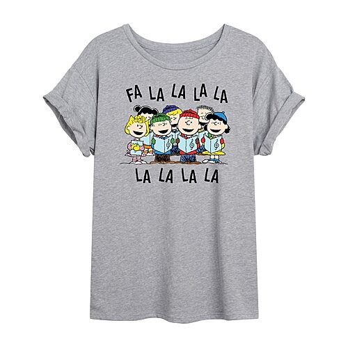 NOVELTY T-SHIRTS Fa La La Tee Womens Crew Neck Short Sleeve Regular Fit Peanuts Graphic T-Shirt, X-large, Gray