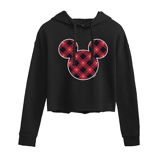 Plaid Cropped Womens Juniors Long Sleeve Mickey Mouse Hoodie