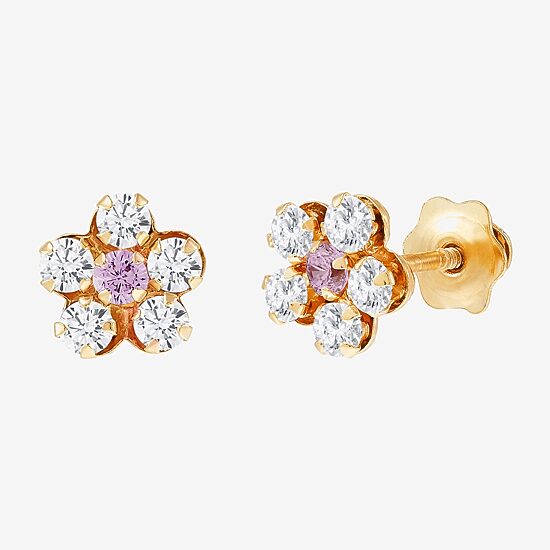 Limited Quantities! Pink Cubic Zirconia 14K Gold 6.5mm Flower Stud Earrings