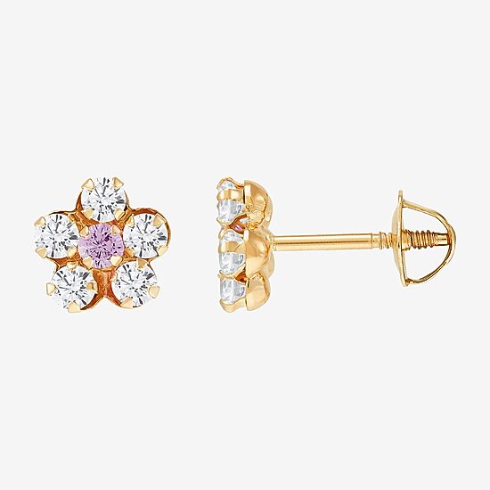 Limited Quantities! Pink Cubic Zirconia 14K Gold 6.5mm Flower Stud Earrings