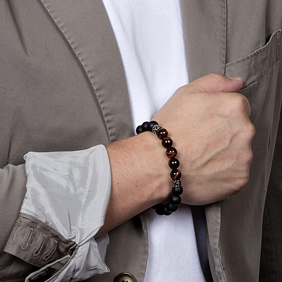 Mens Black Agate Sterling Silver Beaded Bracelet