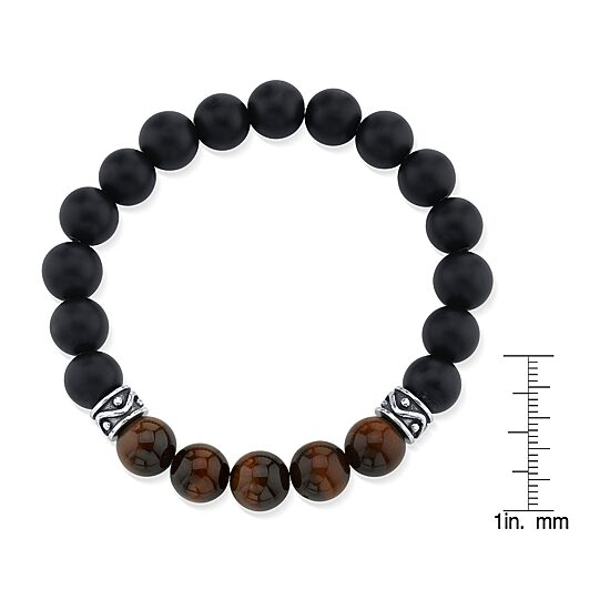 Mens Black Agate Sterling Silver Beaded Bracelet