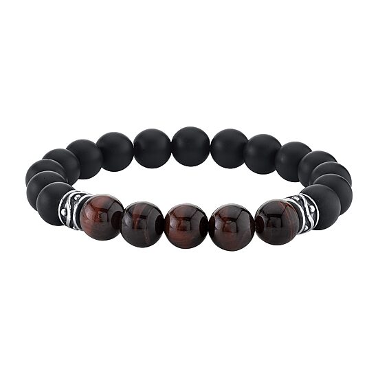 Mens Black Agate Sterling Silver Beaded Bracelet