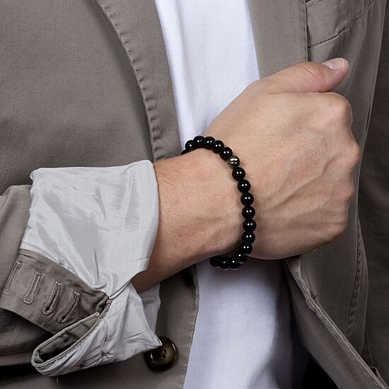 Mens Black Agate Sterling Silver Beaded Bracelet