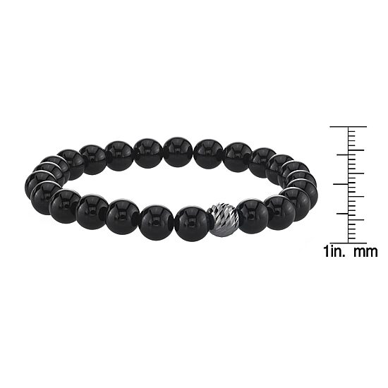 Mens Black Agate Sterling Silver Beaded Bracelet