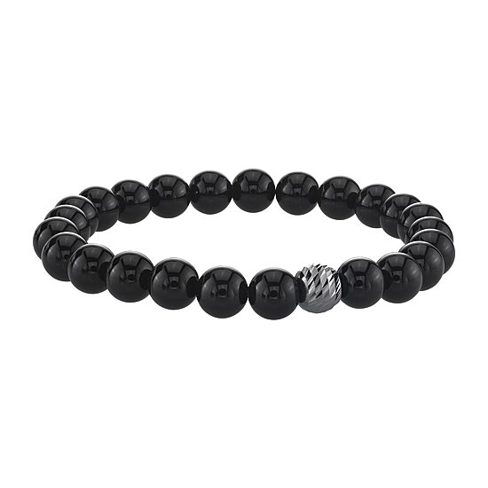 Mens Black Agate Sterling Silver Beaded Bracelet
