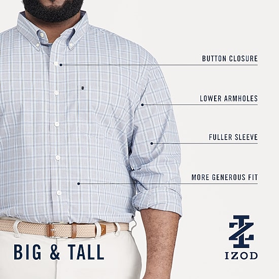 IZOD Performance Comfort Mens Long Sleeve Classic Fit Stretch Fabric Big and Tall Button-Down Shirt