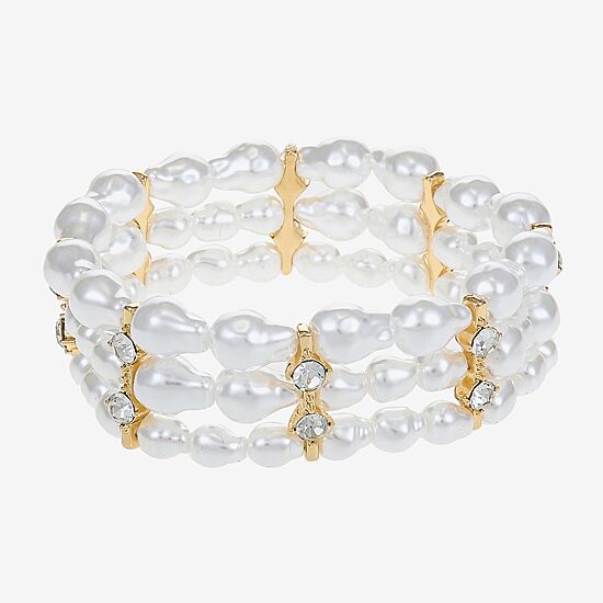 Bijoux Bar Gold Tone Womens Glass Simulated Pearl Stretch Bracelet