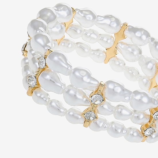 Bijoux Bar Gold Tone Womens Glass Simulated Pearl Stretch Bracelet