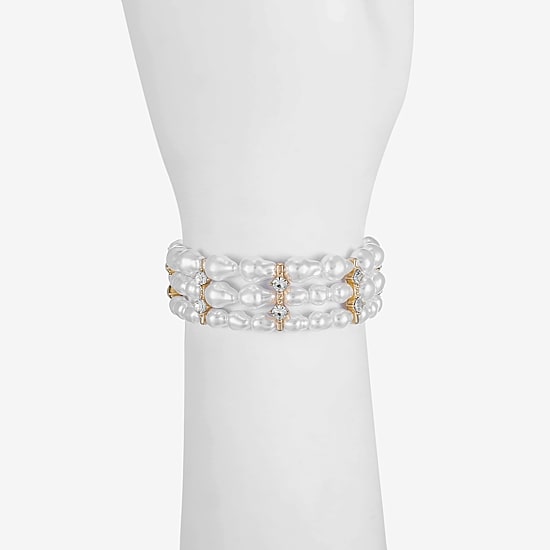 Bijoux Bar Gold Tone Womens Glass Simulated Pearl Stretch Bracelet