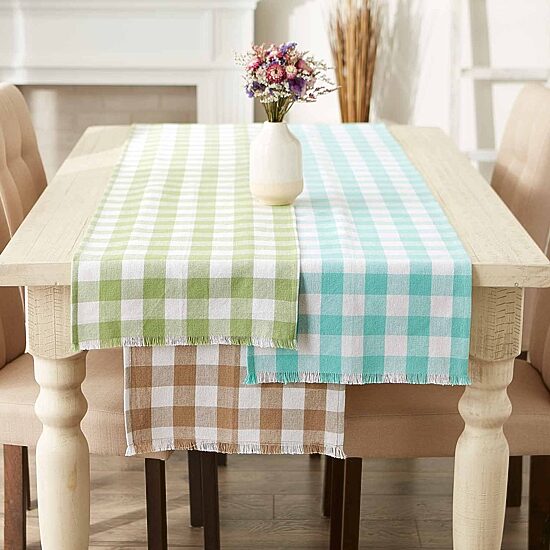Design Imports Bright Green Heavyweight Check Fringed Table Runner