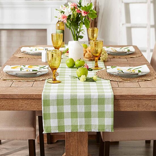 Design Imports Bright Green Heavyweight Check Fringed Table Runner