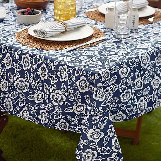 Design Imports Nautical Blue Floral Print Outdoor  With Zipper Tablecloth
