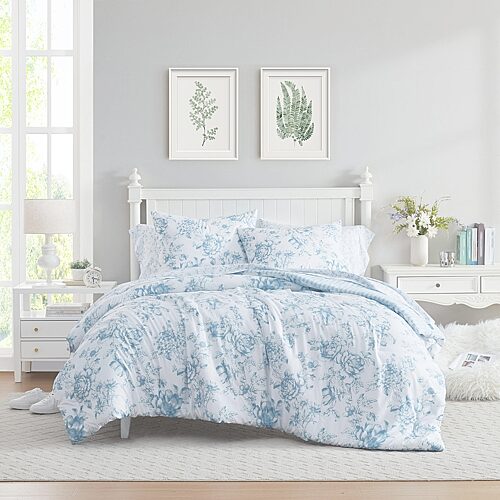 Laura Ashley Delphine Washed Microfiber 7-Pc. Comforter Set, King - Light Blue