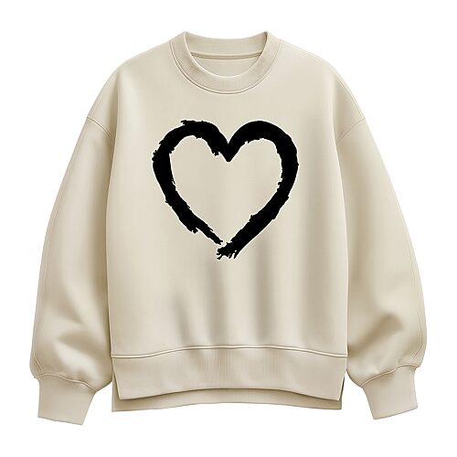 Paint Stroke Heart Womens Crew Neck Long Sleeve Sweatshirt, Large, Beige