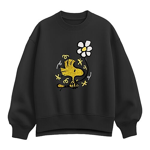Woodstock Flower Womens Crew Neck Long Sleeve Peanuts Sweatshirt, Xx-large, Black