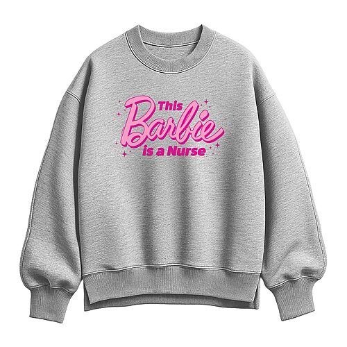 Womens Crew Neck Long Sleeve Barbie Sweatshirt, Large, Gray