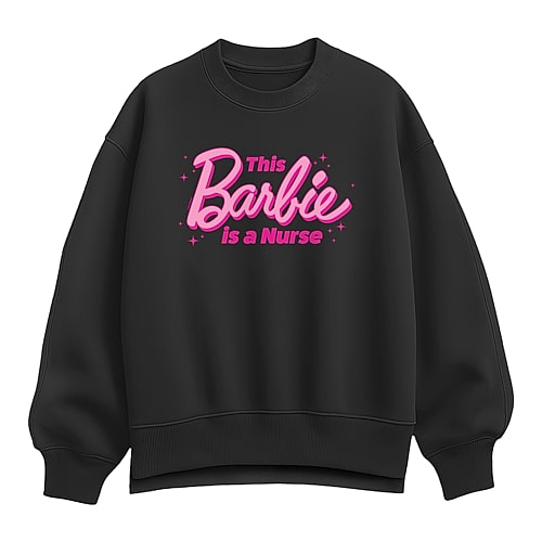 Womens Crew Neck Long Sleeve Barbie Sweatshirt, Medium, Black