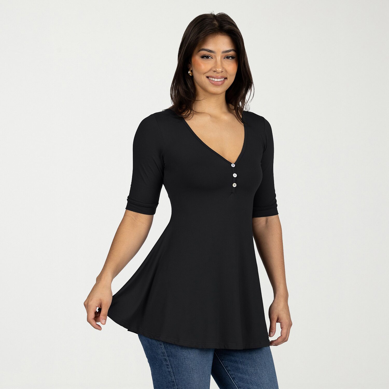 24seven Comfort Apparel Womens V Neck Elbow Sleeve Tunic Top