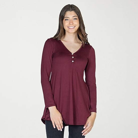 24seven Comfort Apparel Womens Henley Neck Long Sleeve Tunic Top