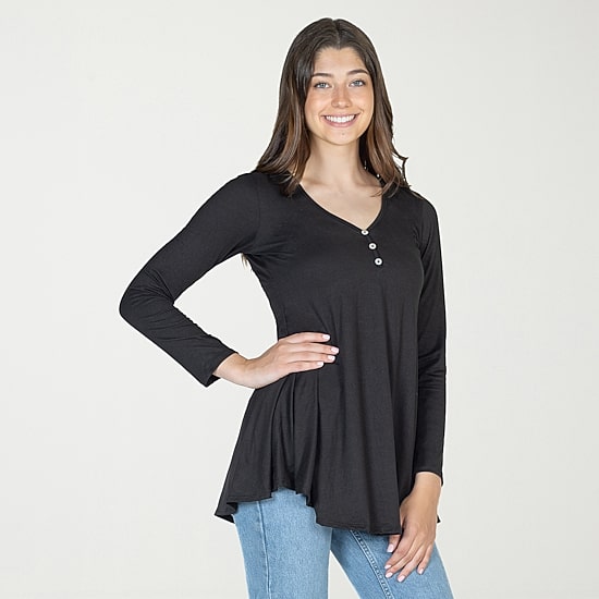 24seven Comfort Apparel Womens Henley Neck Long Sleeve Tunic Top