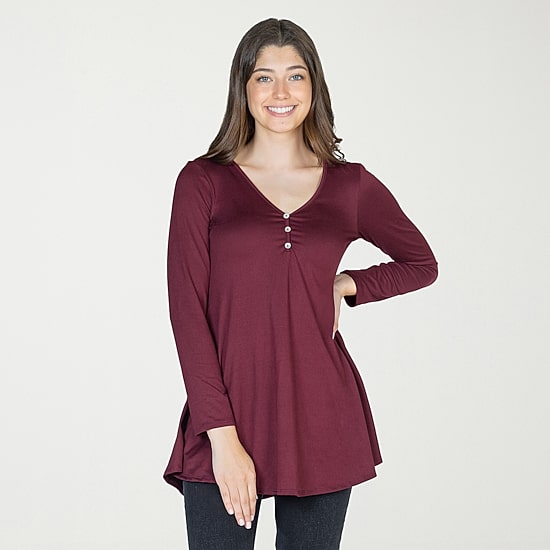 24seven Comfort Apparel Womens Henley Neck Long Sleeve Tunic Top