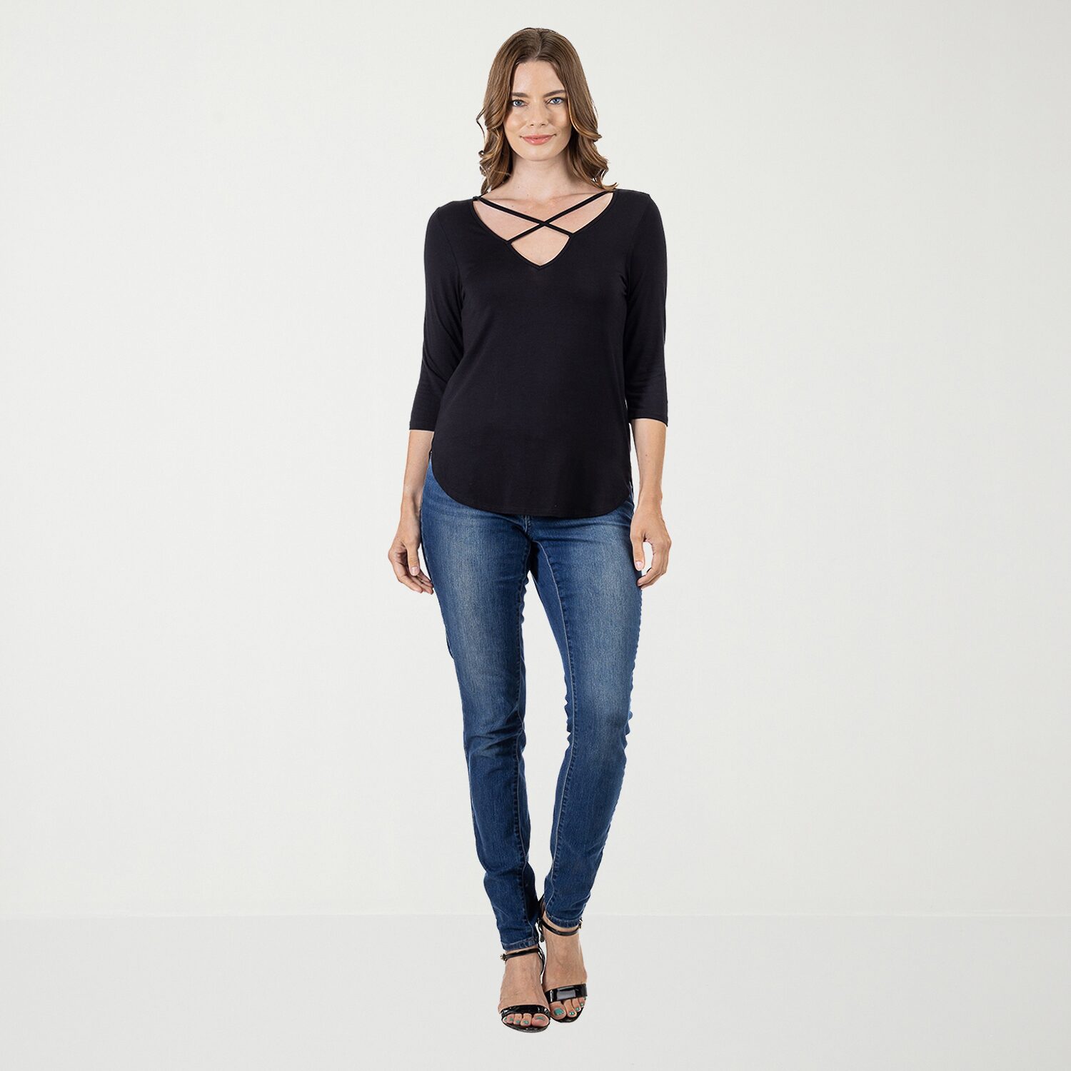 24seven Comfort Apparel Womens V Neck 3/4 Sleeve Tunic Top