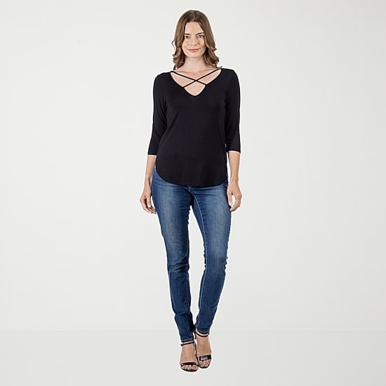 24seven Comfort Apparel Womens V Neck 3/4 Sleeve Tunic Top