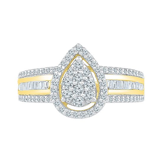 Womens 3/4 CT. T.W. Natural White Diamond 10K Gold Pear Cluster Halo Cocktail Ring