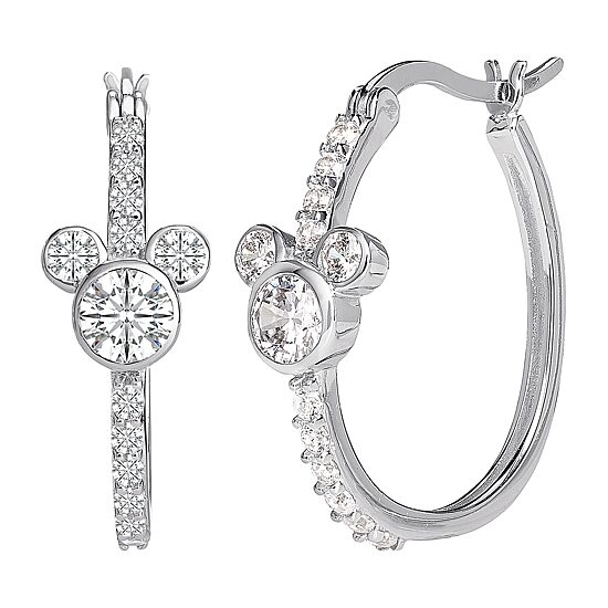 Disney Girls Lab Created Cubic Zirconia Sterling Silver 22.4mm Mickey Mouse Hoop Earrings