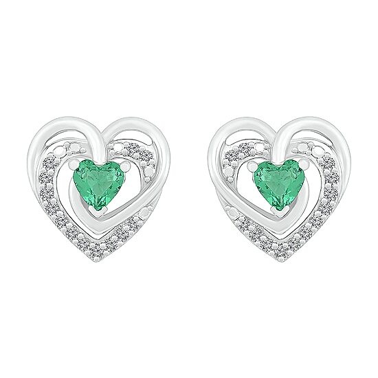 Lab Created Green Emerald Sterling Silver 12mm Heart Stud Earrings
