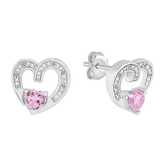Diamond Accent Lab Created Pink Sapphire Sterling Silver 11mm Heart Stud Earrings
