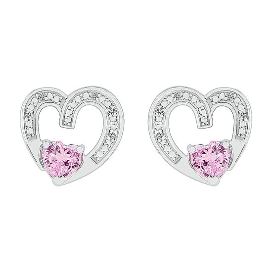 Diamond Accent Lab Created Pink Sapphire Sterling Silver 11mm Heart Stud Earrings