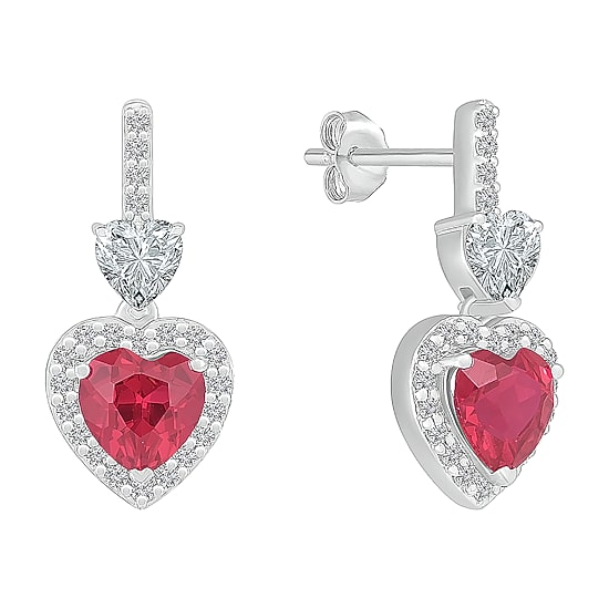 Womens Lab Created Red Ruby Sterling Silver Heart Drop Earrings