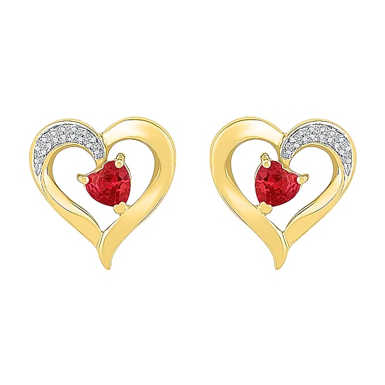 Diamond Accent Lab Created Red Ruby 10K Gold 13.5mm Heart Stud Earrings