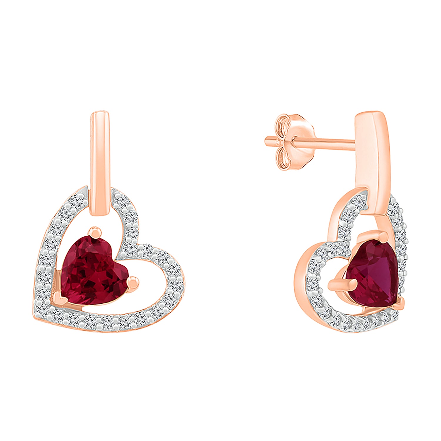 Womens Lab Created Red Ruby 10K Gold Heart Drop Earrings
