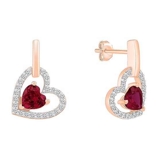 Womens Lab Created Red Ruby 10K Gold Heart Drop Earrings